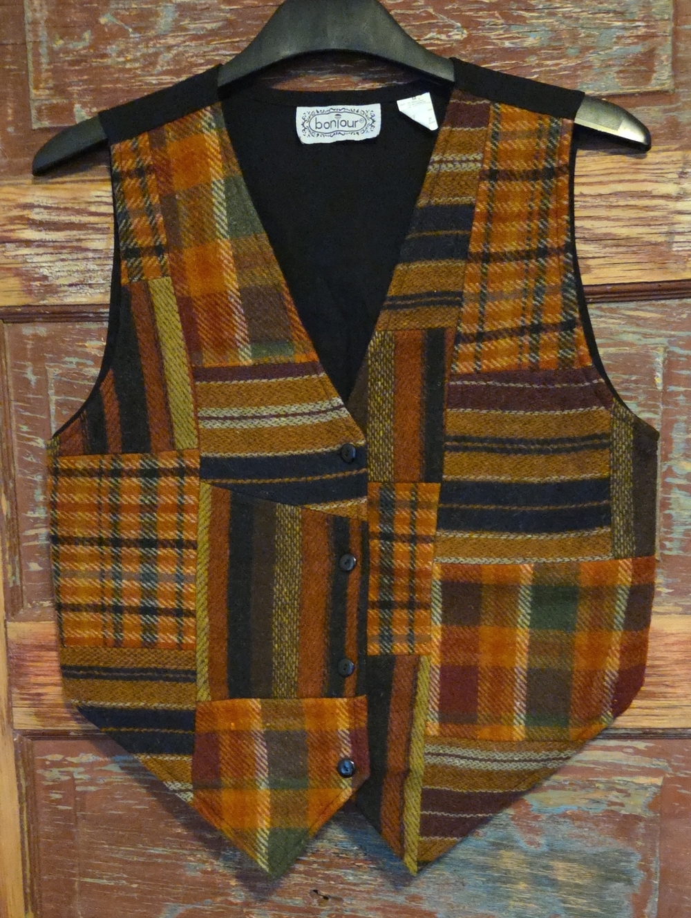 Vintage 80's Patchwork Wool Vest - Eclectic Autumn Orange, Green & Brown Plaid